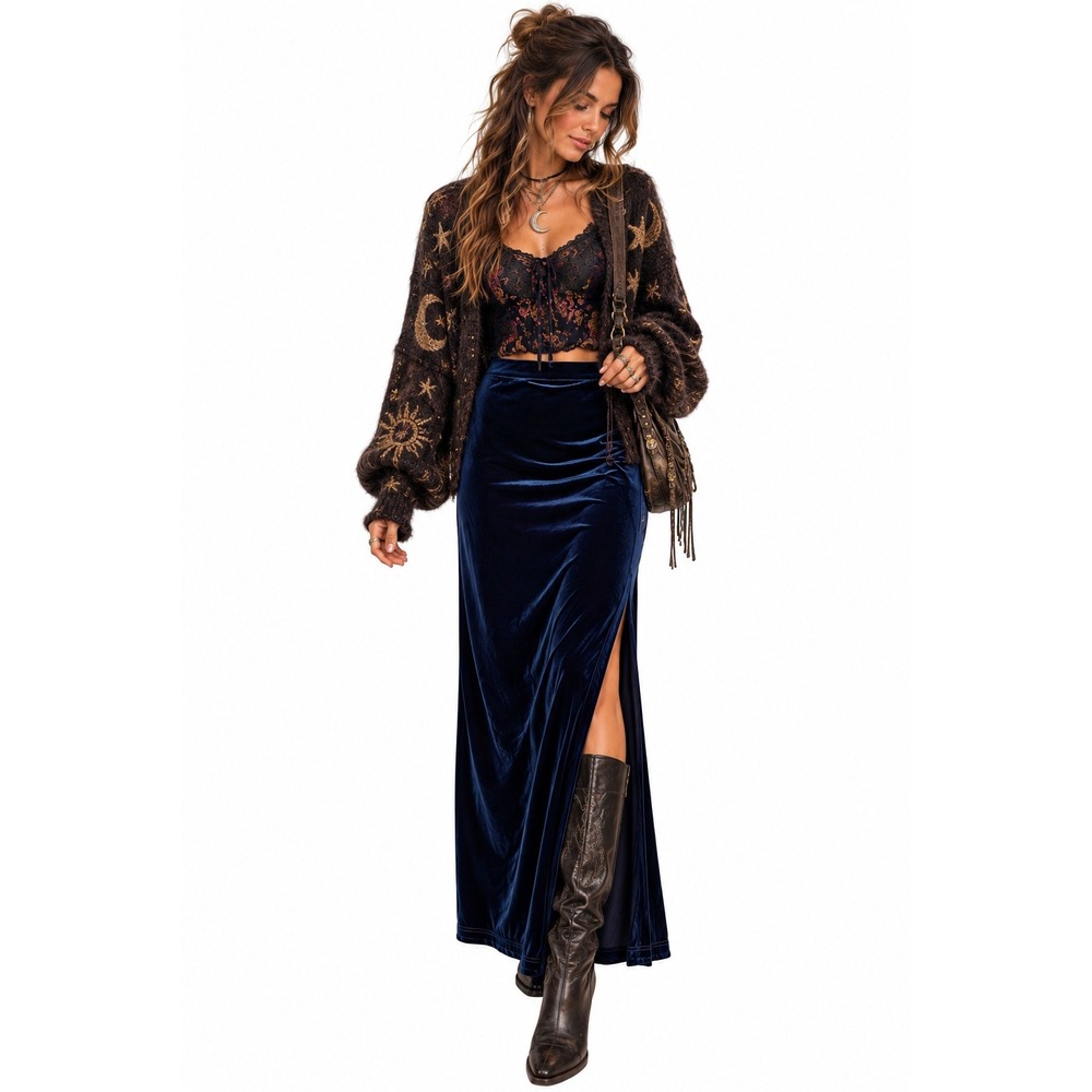 Women's Sapphire Blue Velvet Maxi Skirt Side Slit Whimsigoth Boho Goth 90s